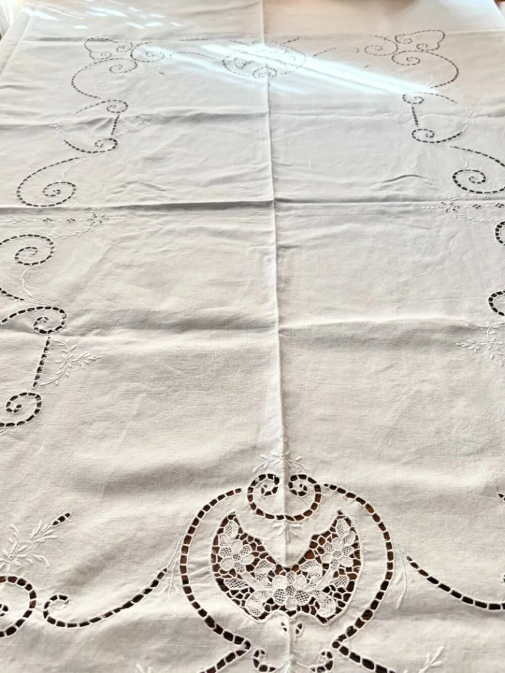 Vintage White Linen Eyelet Embroidered Tablecloth 68 x 84